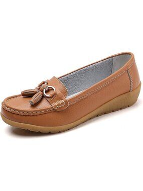 Women light Brown Leather Round Toe Casual Slip-on Boat Comfort Sole Leather